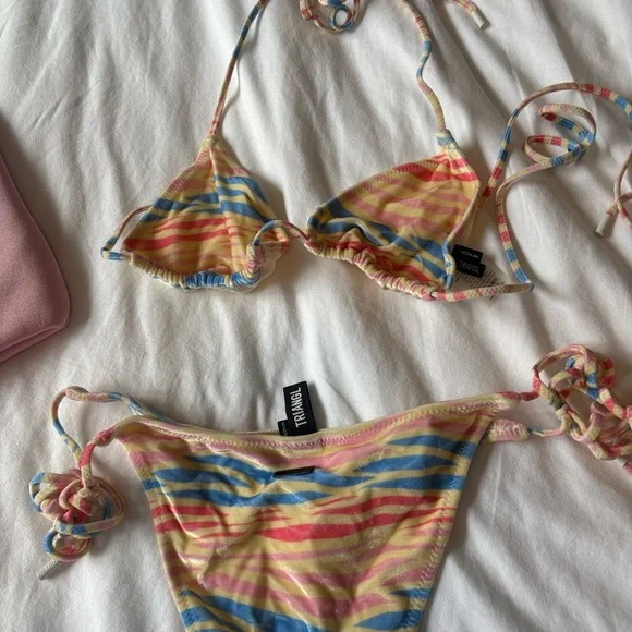 Triangle Striped/Zebra print Tie-Side Bikini Set in Pastel Multicolor Like New - Picture 9 of 13